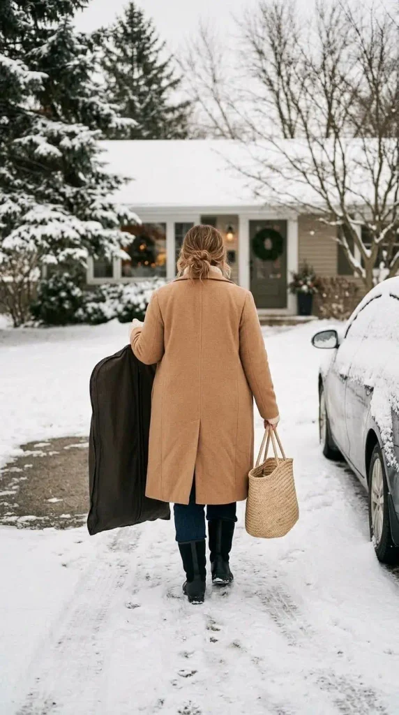 Plus-size woman in a camel coat, jeans and knee boots carrying a garment bag up a snowy driveway