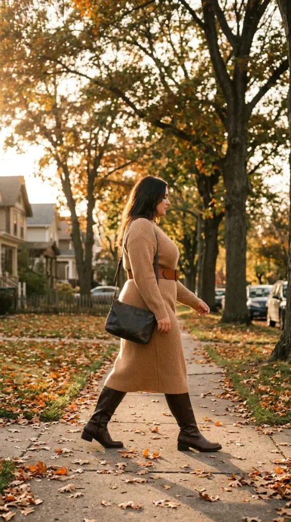 Plus-size woman in a camel sweater dress, wide belt and knee-high boots walking on a fall sidewalk