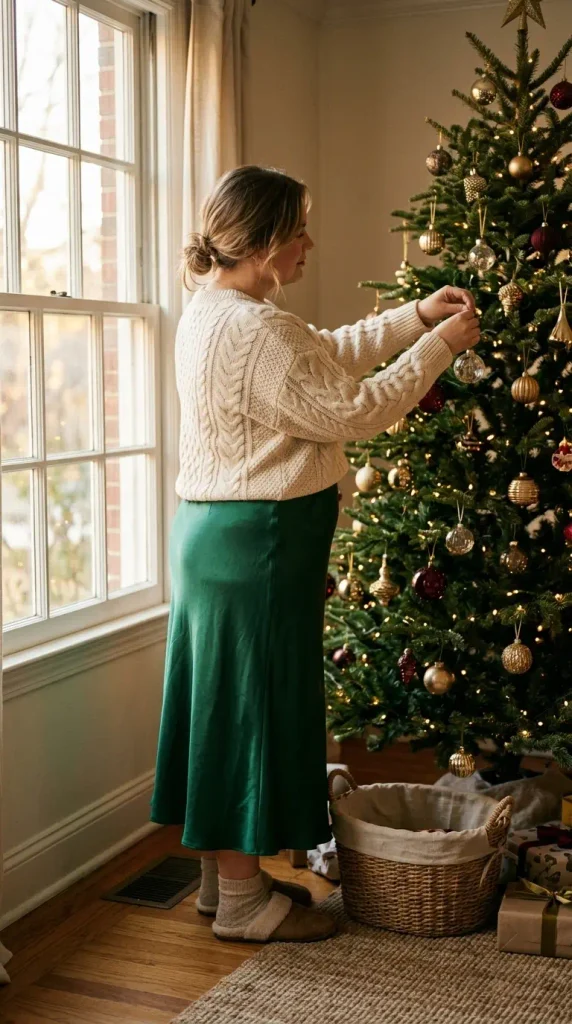 Plus-size woman in a cream knit and emerald satin skirt by a tree, a plus size Christmas outfit for photos