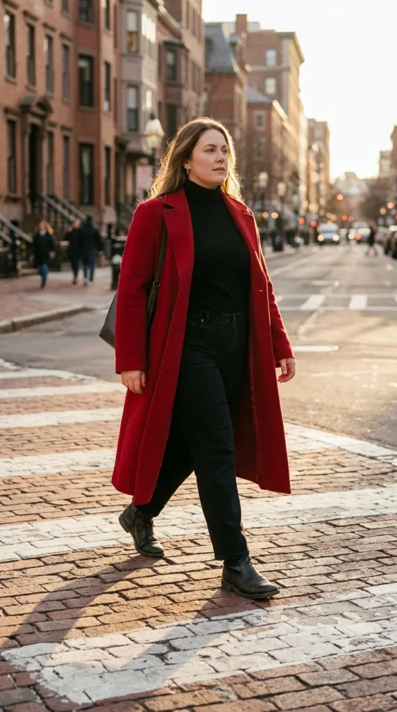 Plus-size woman in a long red wool coat over all black, a warm date night outfit for winter