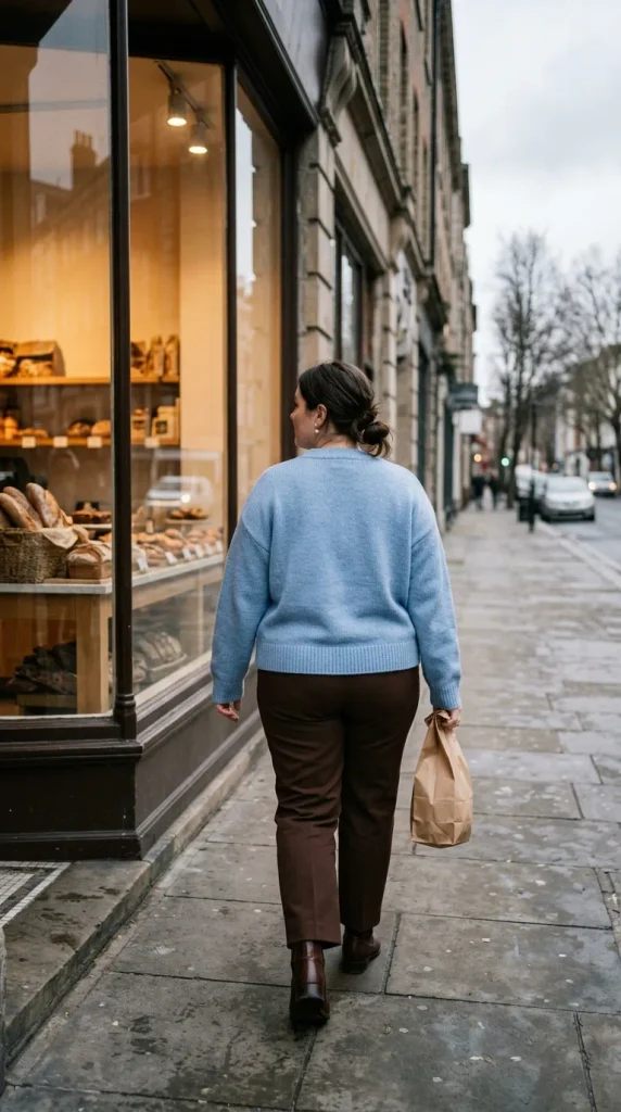 Plus-size woman in a powder blue sweater and brown trousers, a Valentine's outfit without pink