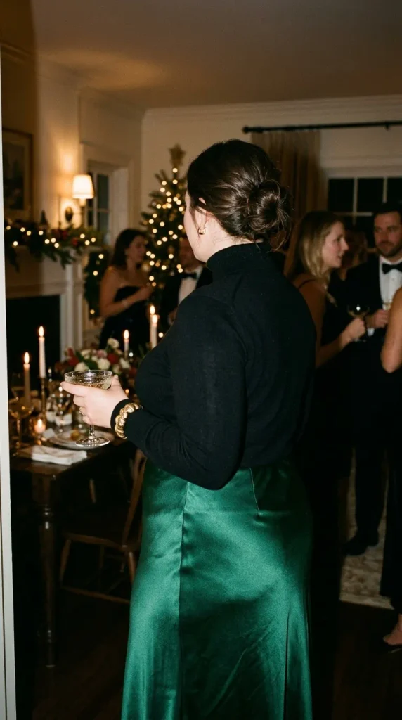 Plus-size woman in an emerald satin midi skirt, black turtleneck and gold cuff at a Christmas party