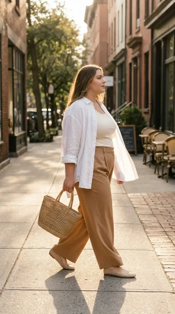 Plus-size woman in an open white button-down, cream tank, and camel wide-leg trousers on a city sidewalk