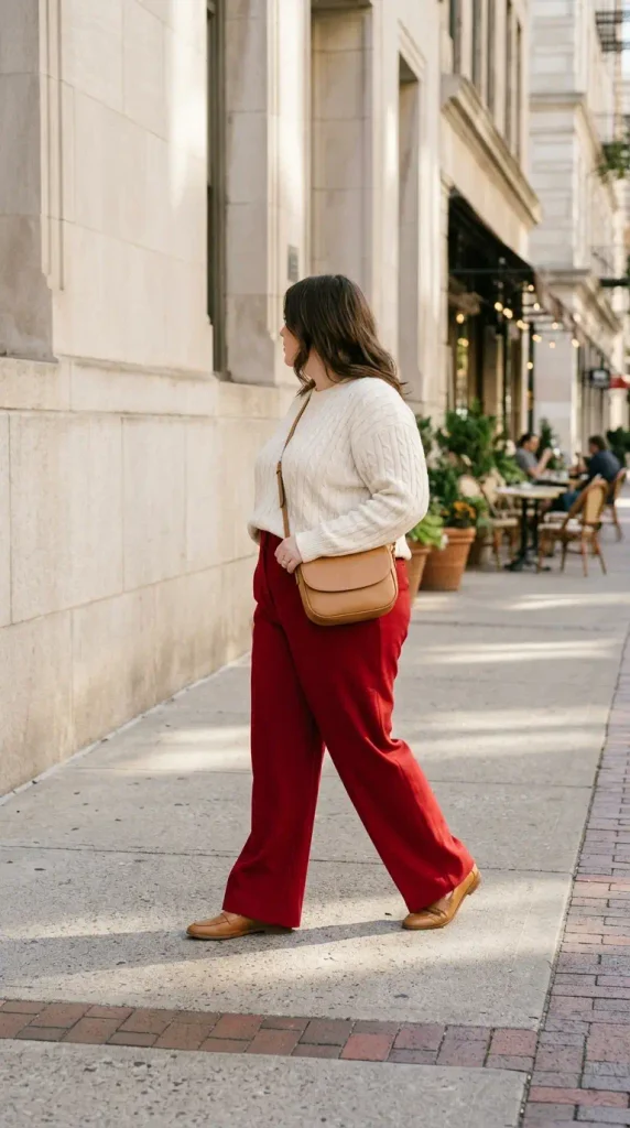 Plus-size woman in red wide-leg trousers and a cream cable knit walking to Valentine's brunch