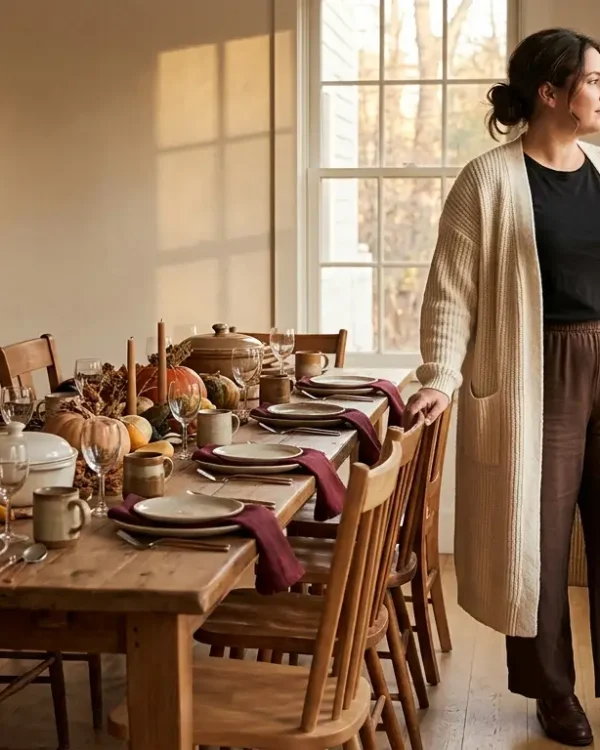 Plus-size woman in wide-leg trousers and a cream cardigan beside a Thanksgiving table, a capsule outfit idea