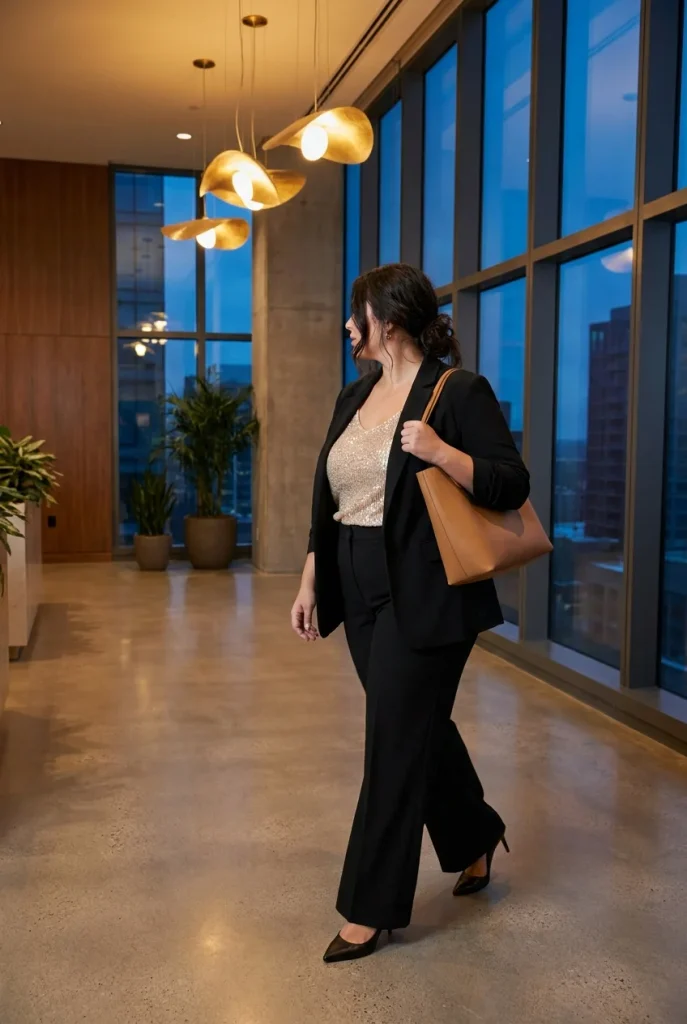 Plus-size work holiday party outfit with black blazer, sequin shell, and wide-leg trousers