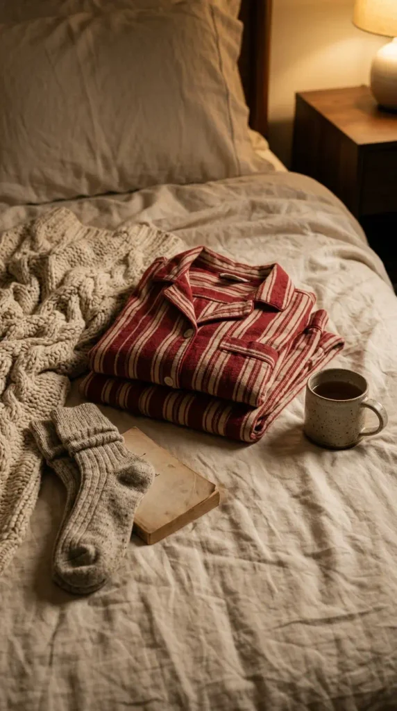 Red and cream striped flannel pajama set folded on a bed for a plus size Valentine's Day night in