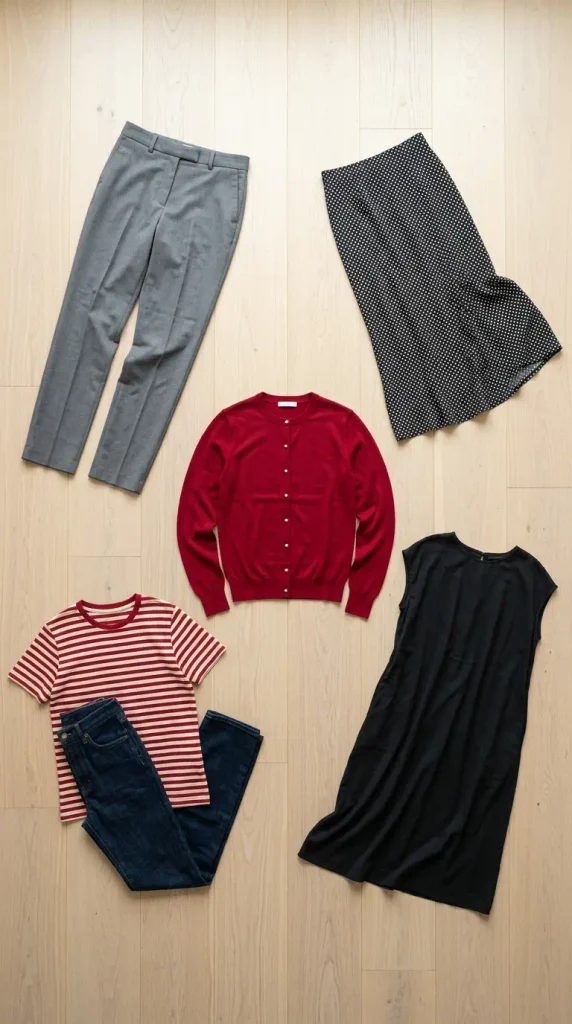 Red cardigan flat-lay with four pieces it pairs with, a rewear plan for plus size Valentine's outfit ideas
