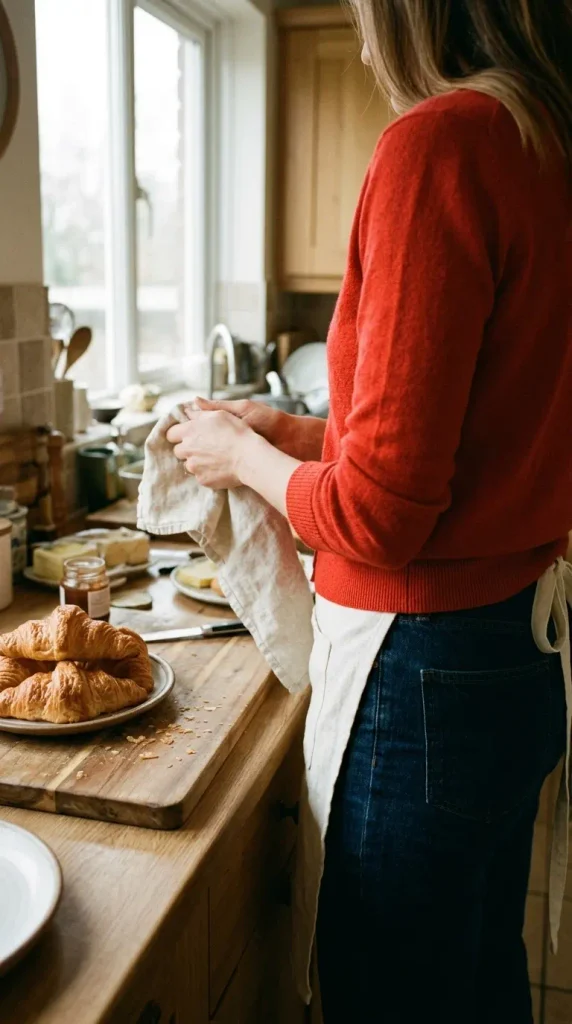 Red cardigan with pushed-up sleeves and dark jeans, a comfortable Christmas hosting outfit in the kitchen