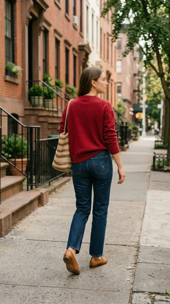 Red crewneck sweater half-tucked into dark jeans with tan loafers for a casual Valentine's Day outfit