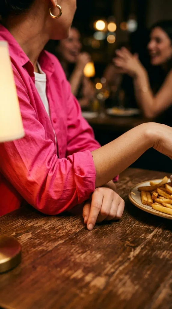 Rolled hot pink button-down sleeve and gold hoop at a Galentine's dinner, a curvy Valentine's outfit detail
