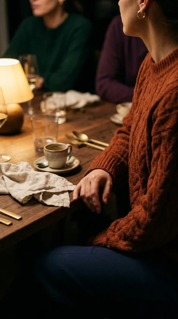 Rust cable-knit sweater with navy trousers at a lamp-lit Thanksgiving table, solid colors for photos