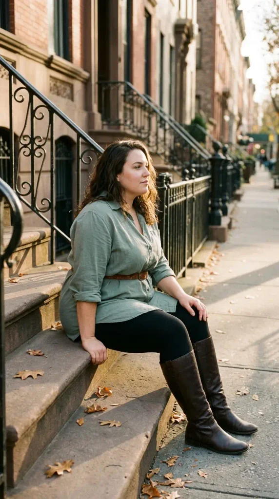 Sage green longline button-down belted over black leggings with knee boots, a plus-size fall outfit