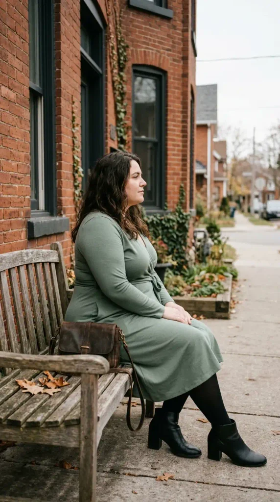 Sage wrap dress with black tights and ankle boots, a comfy plus-size Thanksgiving outfit idea