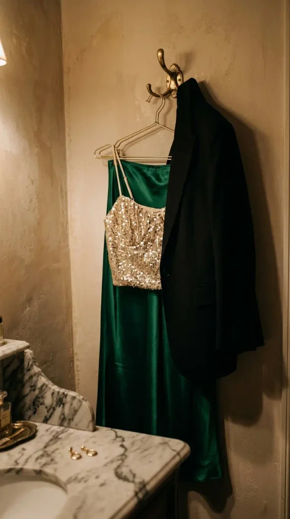 Sequin top, emerald satin skirt and black blazer on a brass hook, a plus size Christmas party outfit