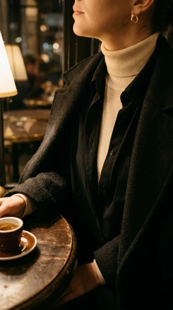 Soft black button-down open over a cream turtleneck, a winter layering Button-Down Shirt Outfits for Women Over 50