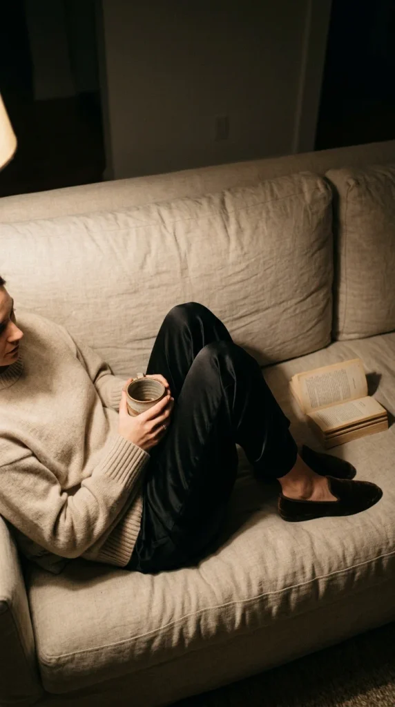 Staying in Valentine's outfit over 50 with a cashmere sweater, satin pants and velvet slippers