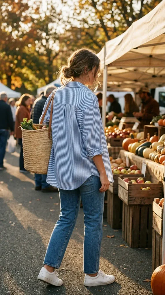 Striped button-down outfit worn open over a white tee with jeans and sneakers at a farmers market