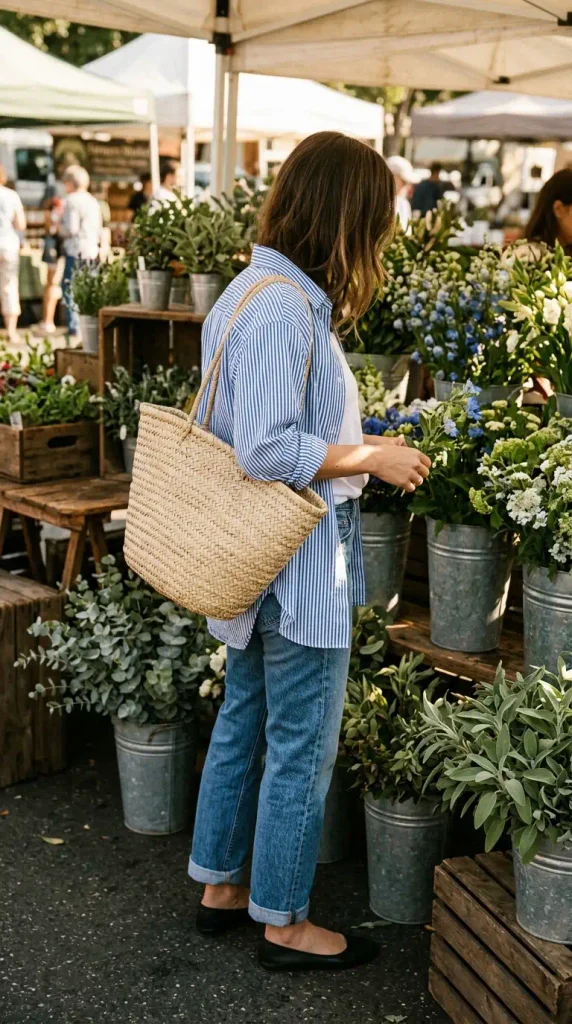 Striped button-down worn open over a white tee with cuffed jeans and ballet flats at a market