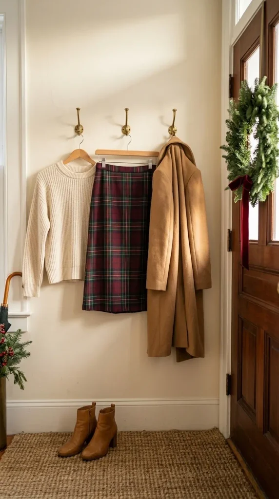 Tartan midi skirt and cream sweater on a wooden hanger, a Christmas Eve church outfit over 50