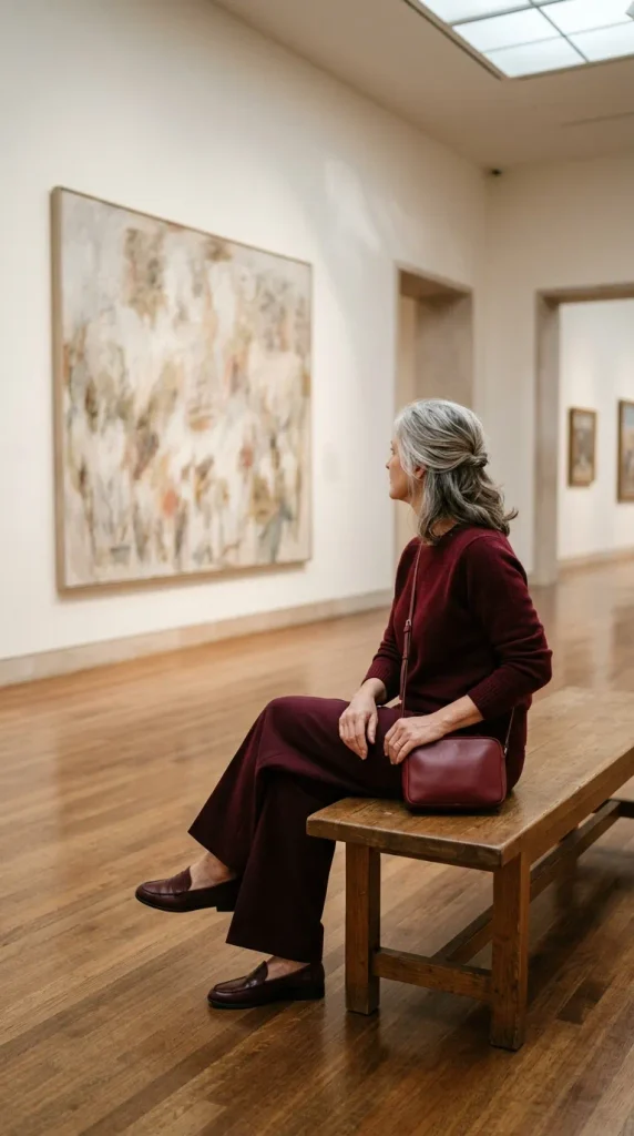 Tonal burgundy sweater, wine trousers and oxblood loafers for a Valentine's museum date over 50