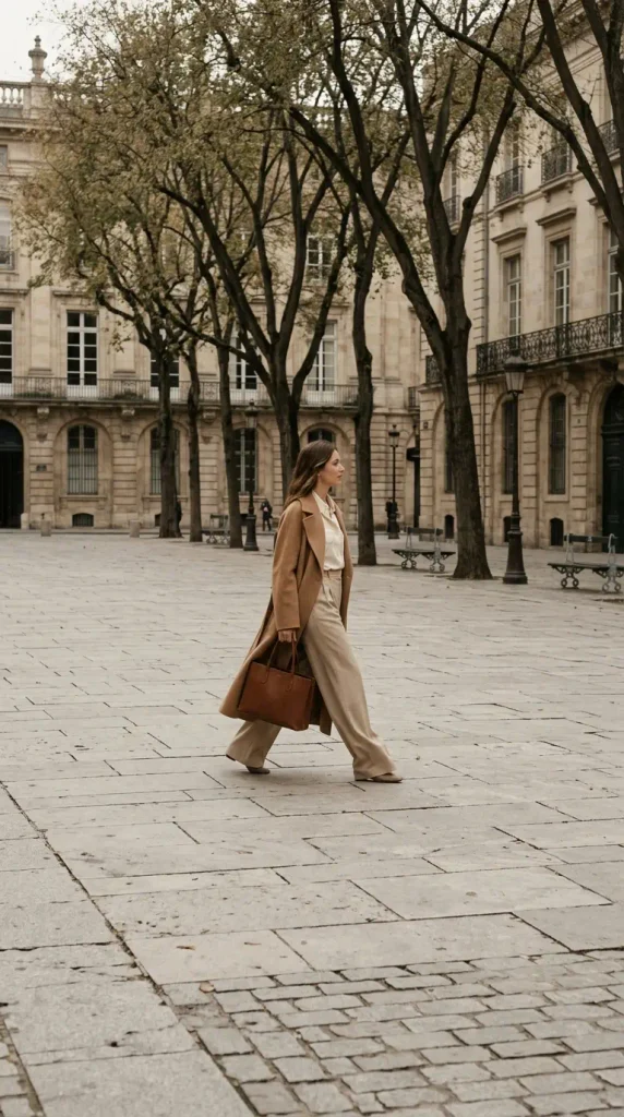 Tonal cream shirt, oat wide-leg trousers and camel coat outfit for women over 50
