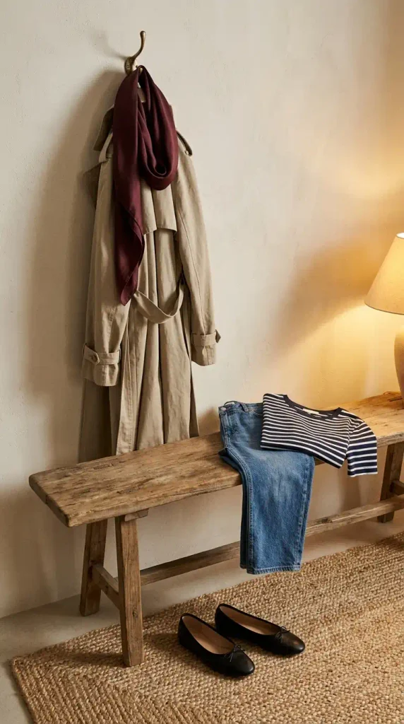 Trench coat on a brass hook with a silk scarf, folded jeans, and ballet flats
