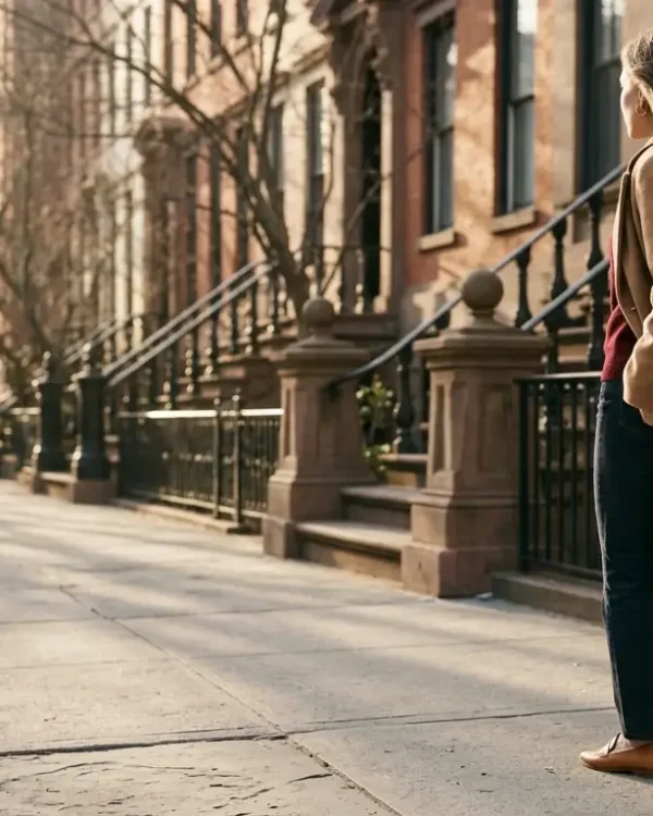 Valentine's Day outfit with a camel coat, red sweater, dark jeans and loafers on a city sidewalk