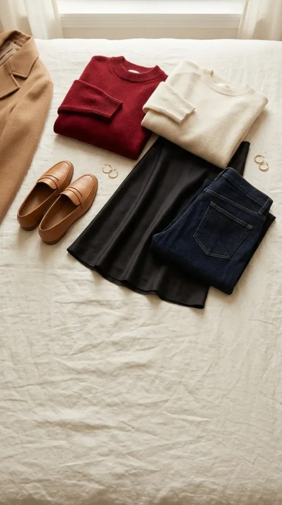 Valentine's Day outfits capsule flat-lay with red sweater, satin skirt, jeans and loafers on ivory linen