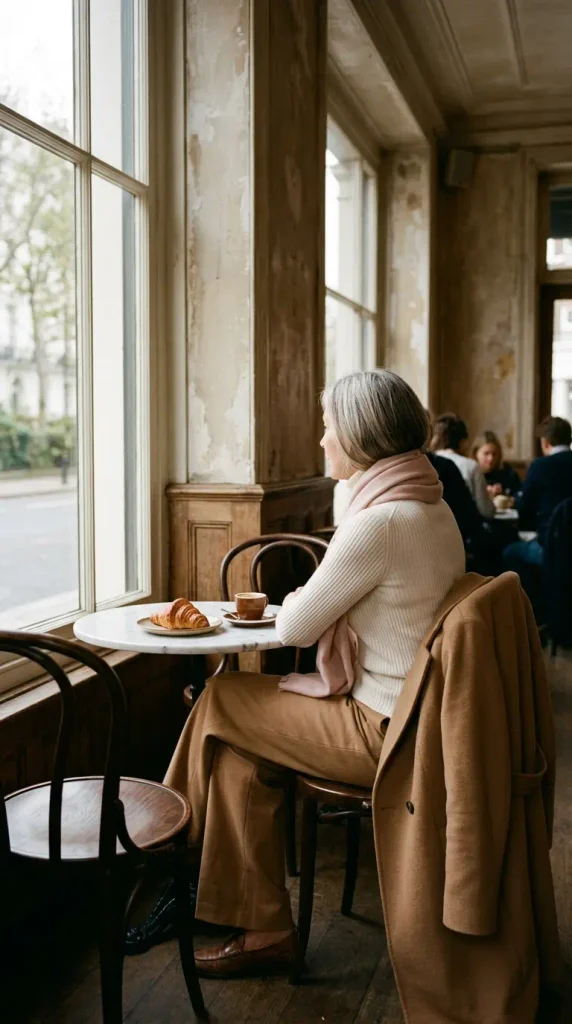 Valentine's brunch outfit over 50 with an ivory turtleneck, camel wide leg trousers and a blush scarf