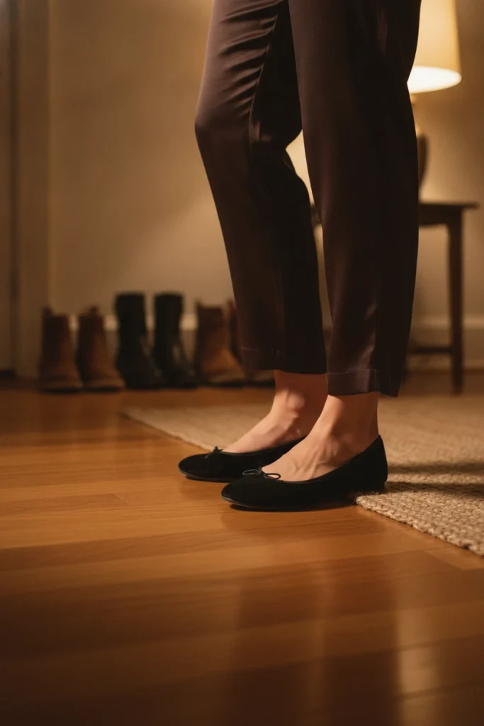 Velvet ballet flats and ankle-length satin pants at a shoes-off holiday house party