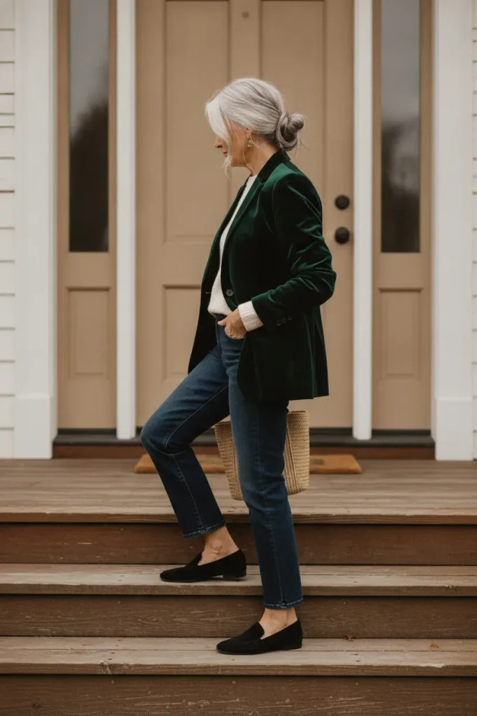 Velvet blazer and dark jeans holiday party outfit for a woman over 50 at a daytime open house