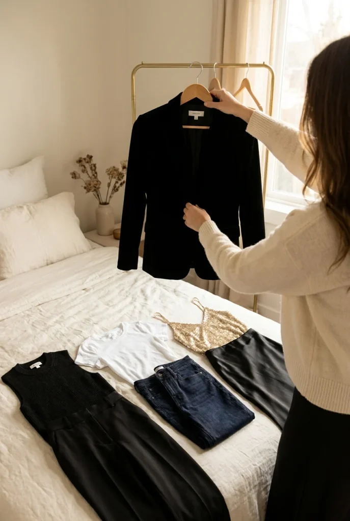Velvet blazer on a wooden hanger with three plus-size holiday party outfits laid out on a bed