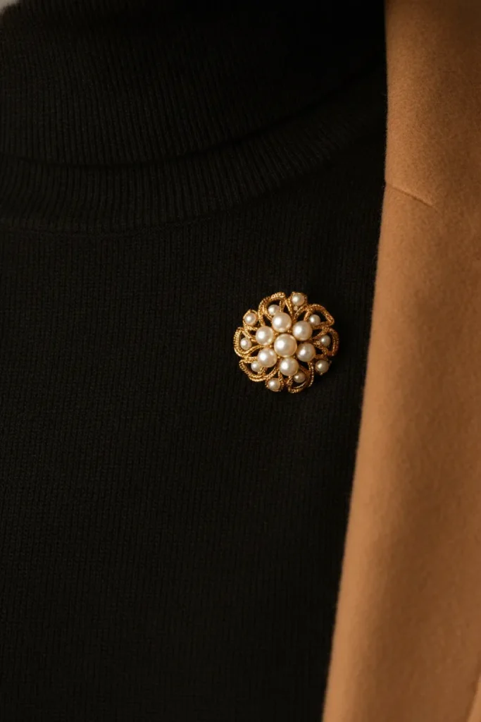 Vintage gold brooch pinned on a black turtleneck, a simple holiday party outfit upgrade