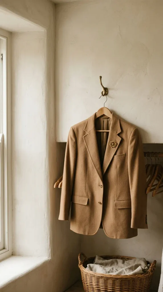 Vintage gold brooch pinned to a camel blazer on a brass hook, a secondhand capsule find