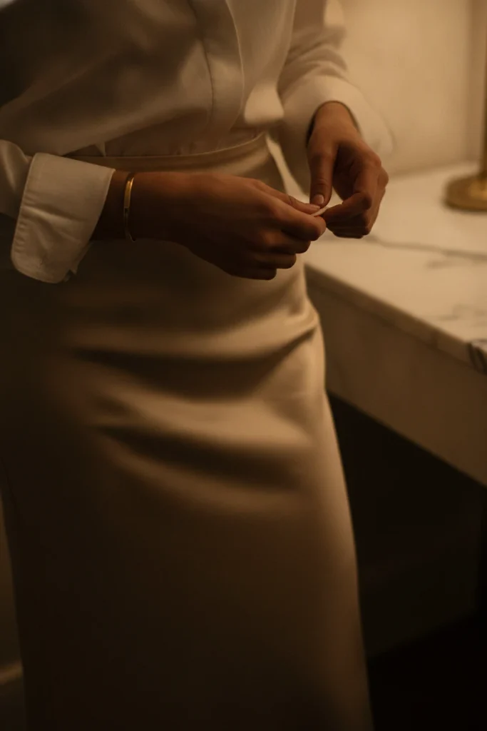 White button-down tucked into a champagne satin midi skirt, a holiday outfit idea for women over 50
