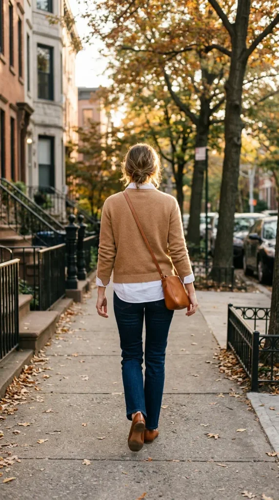 White button-down under a camel sweater with dark jeans and loafers on a fall sidewalk
