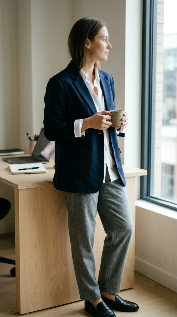White shirt under a navy blazer with gray wool trousers and loafers, a work outfit over 50