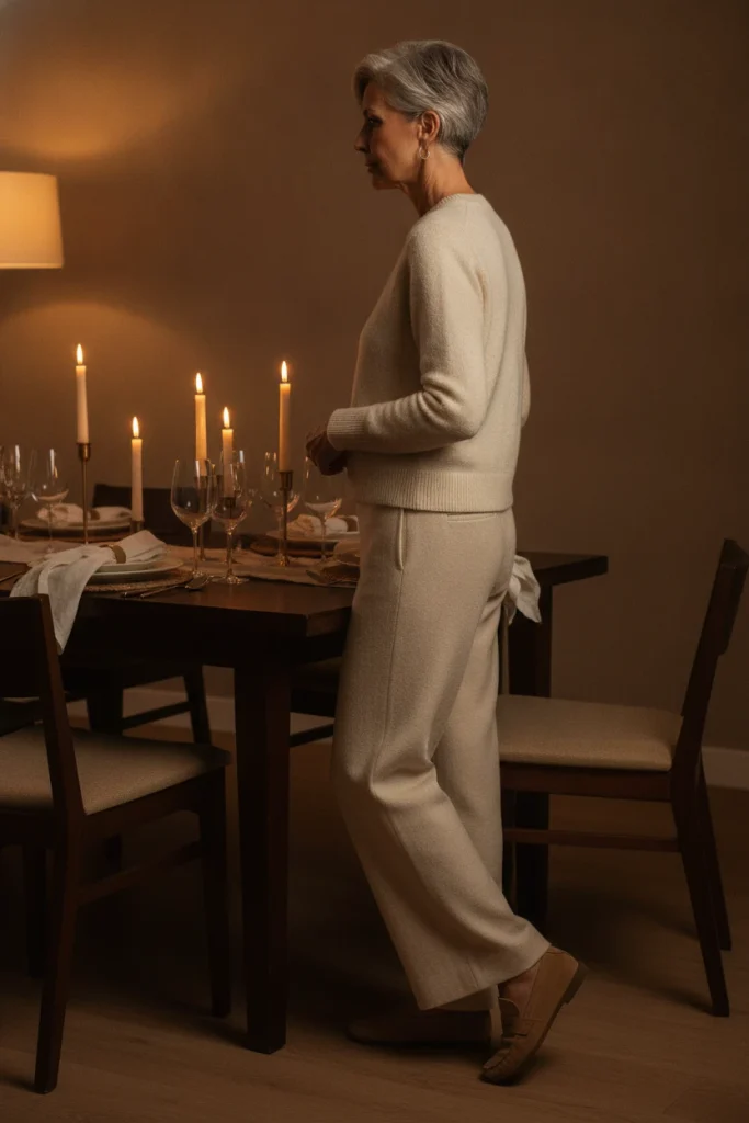 Winter white sweater and wide leg trousers, a tonal Christmas dinner outfit for women over 50