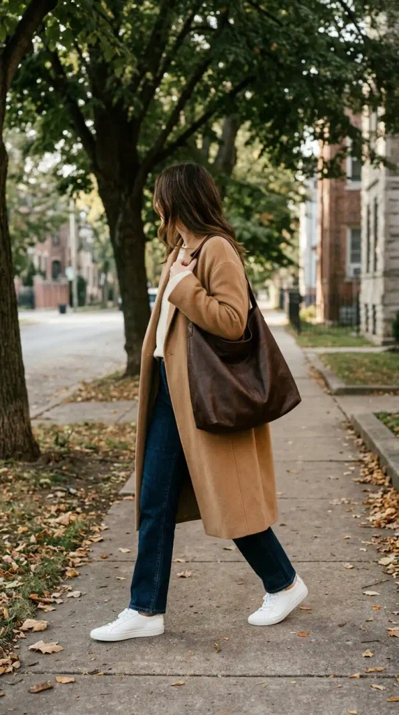 Woman carrying a slouchy espresso leather tote with a camel coat and jeans, a capsule bag find
