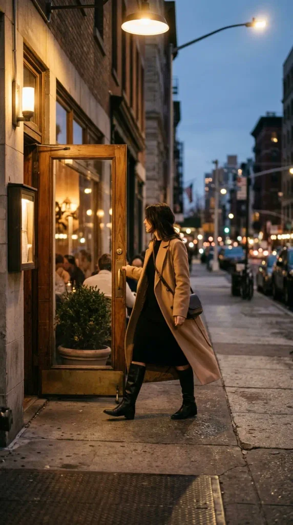 Woman in a black knit midi dress and long camel coat leaving a restaurant, a dressy Thanksgiving outfit