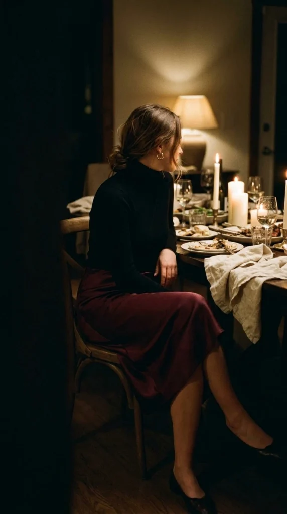 Woman in a black turtleneck and burgundy satin midi skirt at a candlelit Christmas Eve dinner