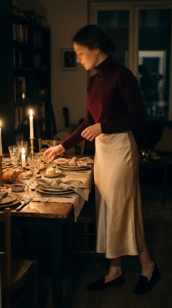 Woman in a burgundy turtleneck and champagne satin midi skirt at a candlelit Christmas dinner