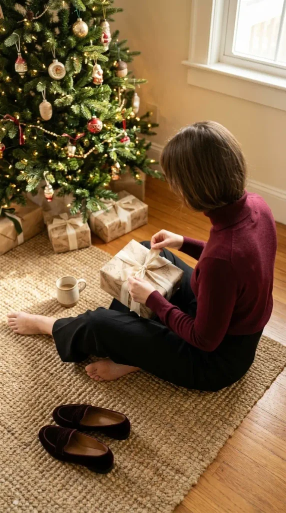 Woman in a burgundy turtleneck and wide-leg trousers opening a gift on the floor on Christmas morning