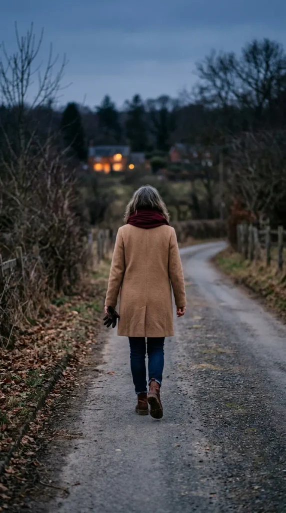 Woman in a camel wool coat and burgundy scarf on a walk after Thanksgiving dinner at dusk