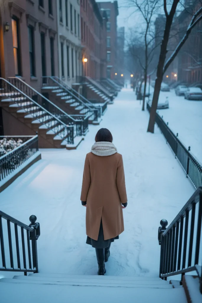 Woman in a long camel coat, knit dress and knee boots walking to a winter holiday party