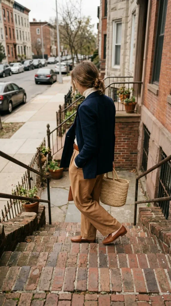 Woman in a navy blazer and camel trousers walking down brick steps, an old money Thanksgiving outfit