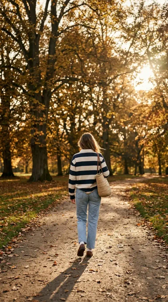 Woman in a rugby shirt and vintage-wash jeans walking a fall park path