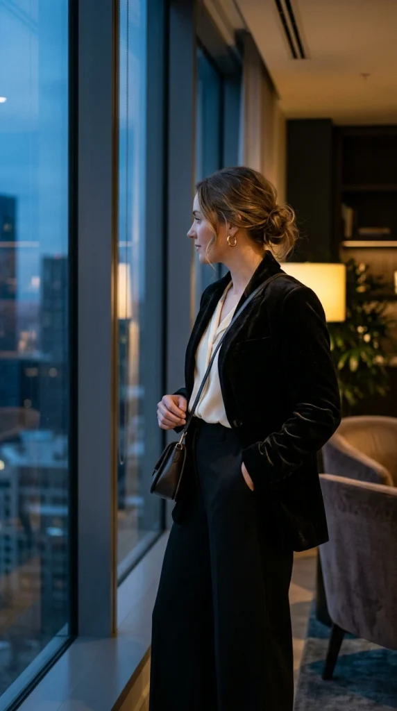 Woman in a velvet blazer and wide-leg trousers, a Christmas party outfit for women over 50