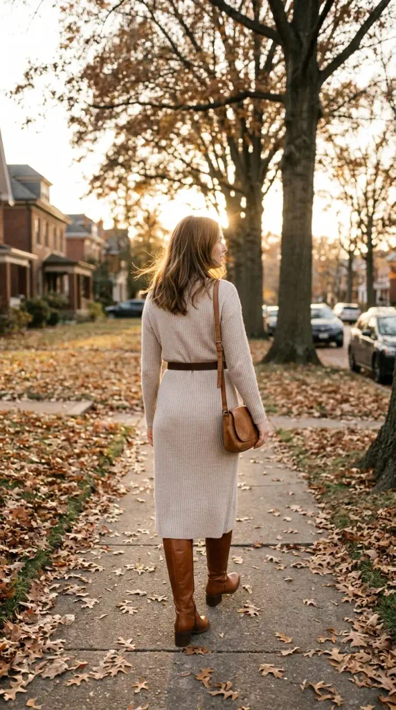 Woman in an oat sweater dress, brown belt, and knee high boots walking on a fall sidewalk for Thanksgiving